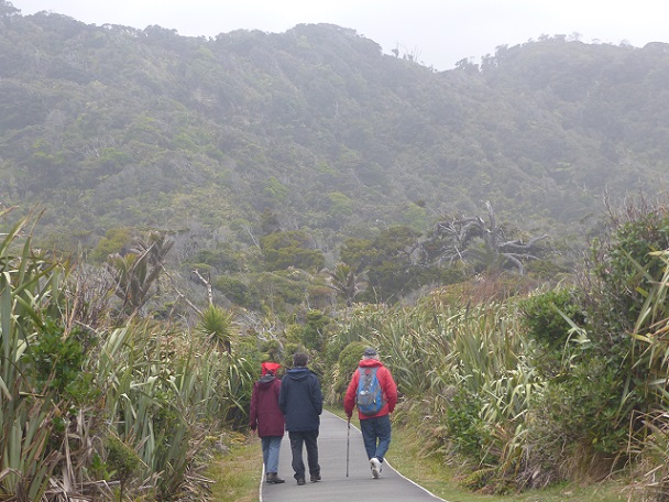Judith, Andrew, and Randall walking inland at Punakaiki pancake rocks, Nov 2015